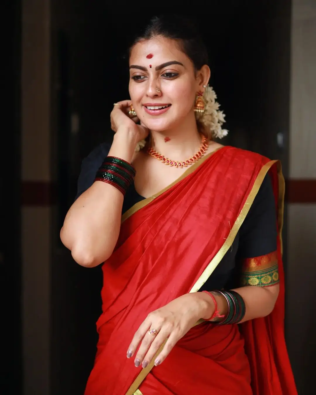 Indian Actress Anusree Nair in Red Color Saree Blouse